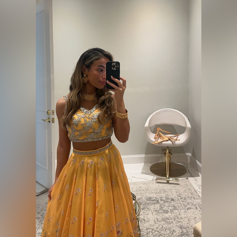 Yellow and Pink Floral Printed Lehenga